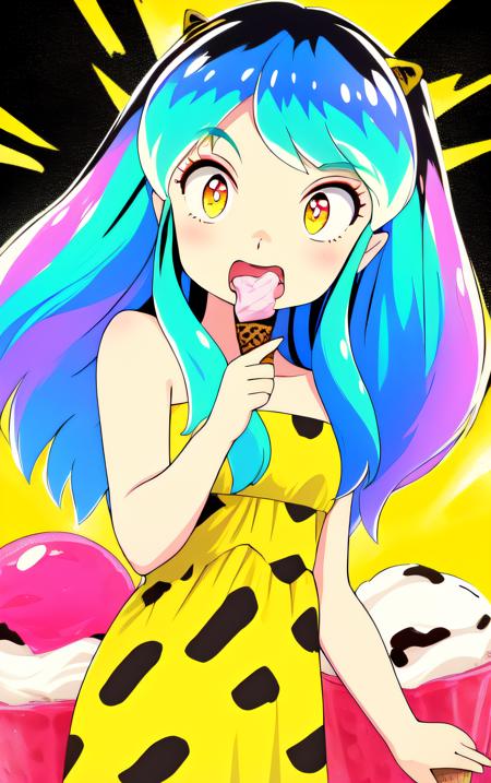 1 girl, yellow background, finger pointing, index finger raised, imitating, pointing up, solo, food, mouth open, water green hair, multi colored background, holding food, rainbow background, holding ice cream, ice cream, children, leopard print long dress, corner,