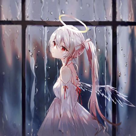 (masterpiece, best_quality:1.2), by mamenomoto, 1girl, solo, long hair, looking at viewer, red eyes, dress, bare shoulders, twintails, very long hair, detached sleeves, wings, choker, white dress, from side, window, halo, expressionless, rain, angel wings, water drop, angel, <lora:mamenomotoNoiseColorOffset1:1>, blurry