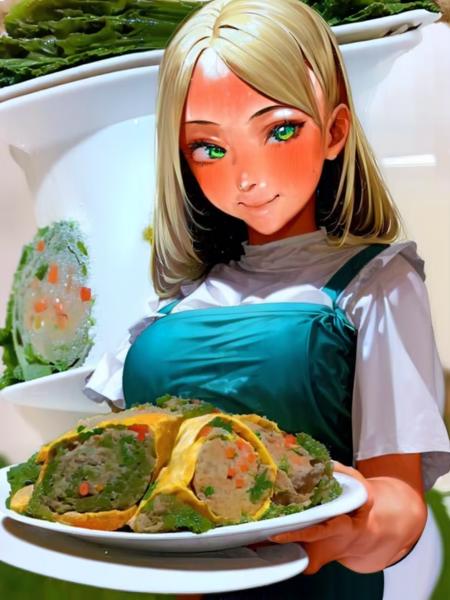 ((((1girl)))), white apron,blonde hair,semi-long hair, one eye closed, green eyes, small breasts, holding plate, (jidanroujuan),food focus, female focus, upper body<lora:Jidanroujuan:1>