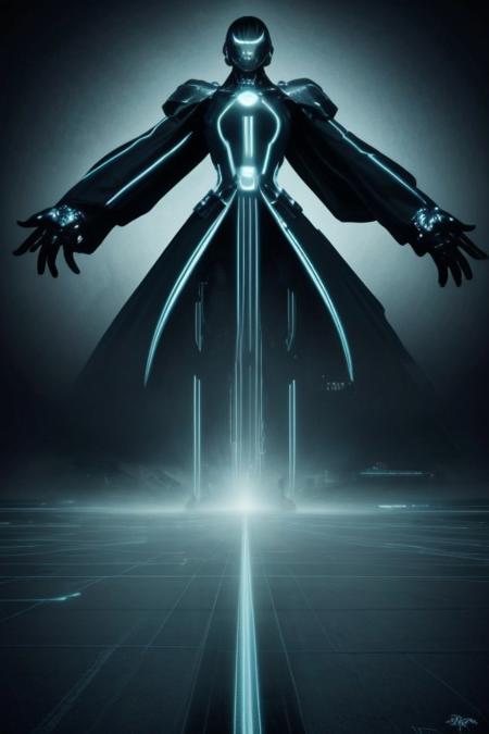 ,Create a completely cyberpunk world where steam-powered technology meets futuristic cybernetics.  disc (Tron-inspired), .surreal, retro-futuristic. ciTron Legacy, hyper-detailed, photorealistic .
 **Zaha Hadid**, innovative and futuristic architectural designs, exploring themes of form and space, capturing the beauty and essence of her subjects with bold shapes and dynamic compositions