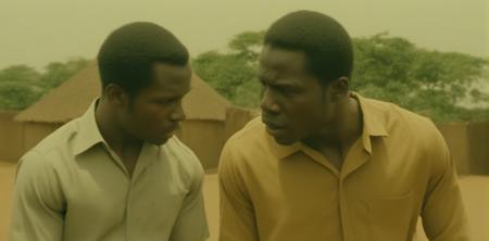 film still of two people having an argument, 35mm, over-the-shoulder shot, duotone color grading, motion blur, adventure, Nigeria <lora:JuggerCineXL:1>