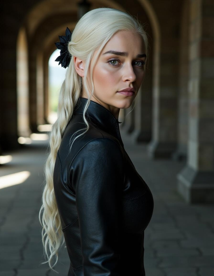 <lora:GOTemiliaClarkeQuiron_FLUX:1.7> GOTemiliaclarkeQuiron, a woman with white hair, Emilia clarke as Daenerys targaryen in hbo's 'game of thrones',   game of thrones hd wallpaper  at Abandoned Prison