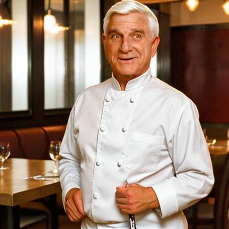 a man in a restaurant, full body <lora:LeslieNielsenLora:0.6> 1man, white hair, old man,