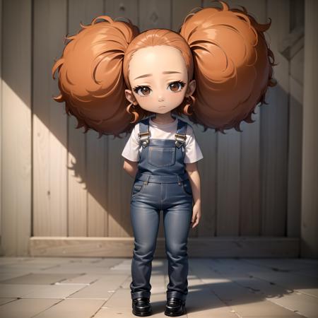 ((masterpiece, best quality)),solo,1girl,full body, jazmine dubois,  <lora:JazmineDubois4-0606:0.6>,brown eyes ,brown hair , frizzy hair, big hair, afro puffs, overalls,