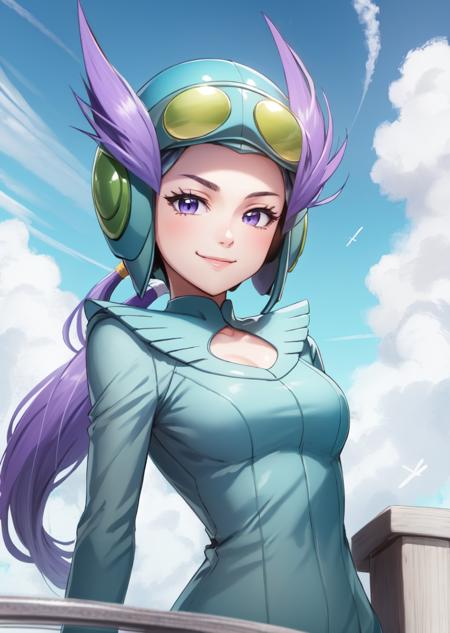 masterpiece, best quality, winona, long ponytail, helmet, goggles, blue bodysuit, upper body, standing, cloud trails, sky, smile, arms to side, closed mouth <lora:winona-nvwls-v2-000014:0.9>