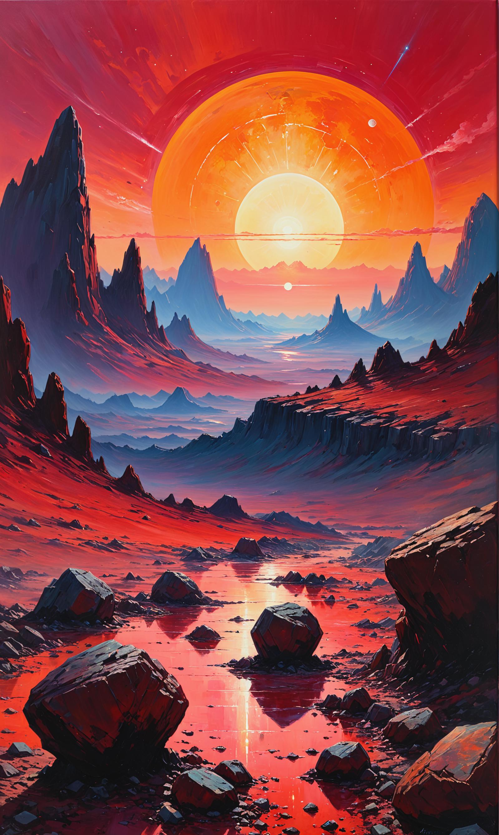 A Painted Landscape of Mountains, Sun, and Water