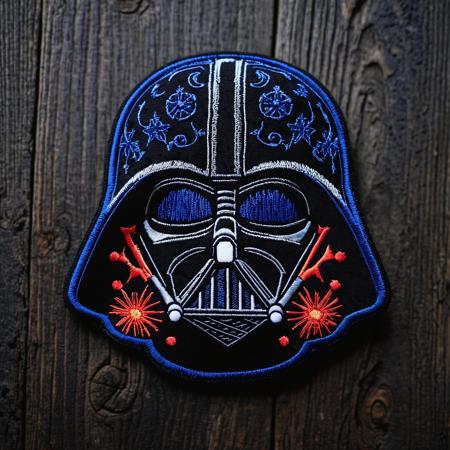 A embroidered patch of a vibrant cute darth vader. The patch is sitting on an old rustic black wooden table, cinematic, dynamic, dramatic atmosphere, precise, elegant, highly detailed, extremely scientific, beautiful, intricate, sharp focus, inspired, color deep royal, very artistic, innocent, light glowing