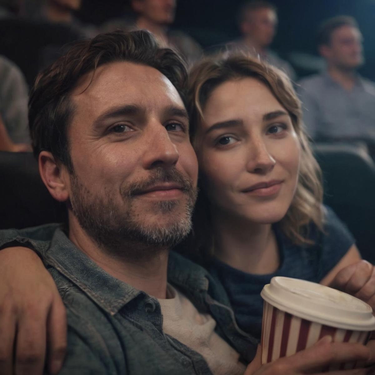 A man and woman sitting together at a movie theater, enjoying a cup of coffee.