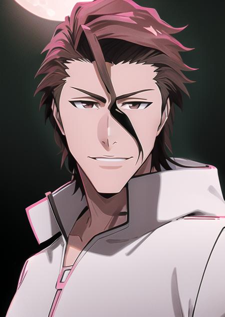 vslinx_aizen, 1boy, masterpiece, \(8k, RAW photo, best quality, masterpiece:1.2\), \(realistic, photo-realistic\) <lora:bleachAnimeStyleLora_offset:1>, bleach style, pitch black background, bright illuminating white moon in the back, smiling, mischievous