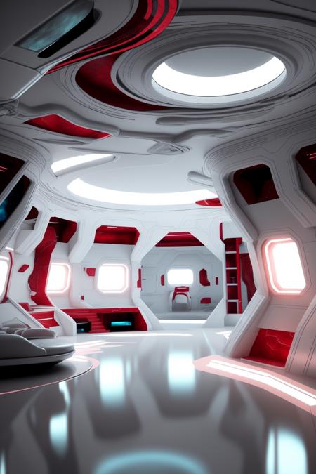 award winning interior design of a house on alien planet, carmine  color scheme , futuristic, detailed , futuristic_interior ,