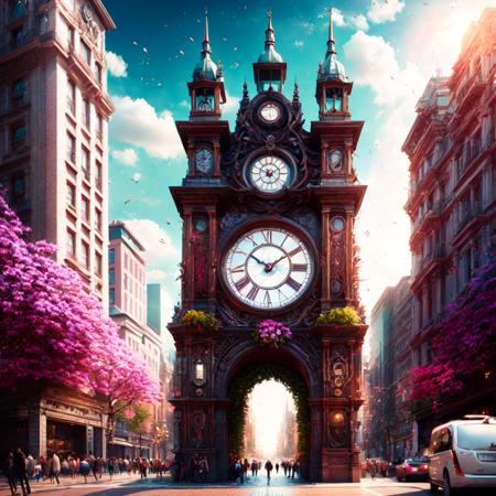 photo (FlowerGateway style:1) painting of a clock tower in the middle of a city <lora:djzFlowerGatewayV21:1>