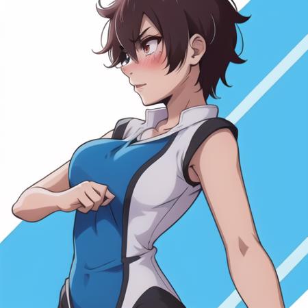 <lora:hanebado-05-v3:1>, 1girl, h4n3b4d0, blue and white outfit, dark short hair, v eyebrows, blushing, side view