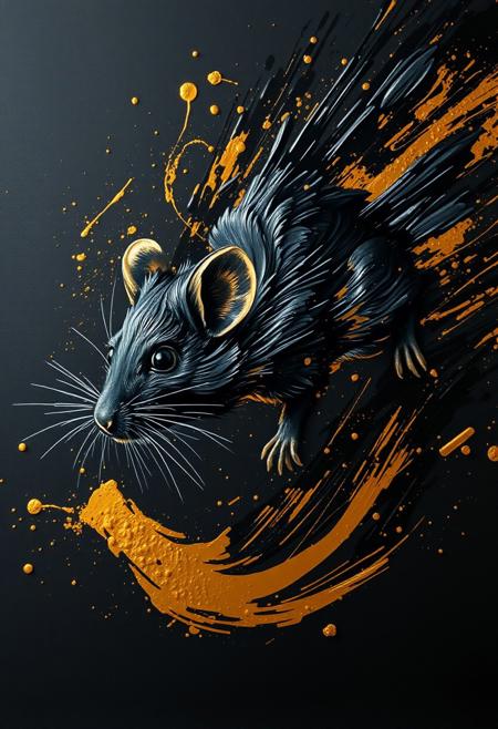 A hyper-stylistic, extremely detailed image depicts a breathtaking painting, crafted from a combination of smeared black and gold metallic paint. A mouse is captured in a streaked motion, as if it is moving rapidly in one direction. The black paint is applied in bold, dynamic strokes, creating a sense of energy and movement that is contrasted beautifully by the golden accents. The gold paint is used to highlight the mouses features, adding a sense of depth and dimensionality to the image. The overall effect is one of breathtaking, surreal dynamism, as if the viewer has captured a fleeting moment in time. Every detail of the image is meticulously crafted, from the delicate, swirling patterns of the gold paint to the intricate, textured patterns of the black paint. The contrasts between light and dark, color and texture, create a sense of tension and energy that draws the viewer in, inviting them to explore the kinetic world of the painting. highest-Quality, intricate details, visually stunning, Masterpiece