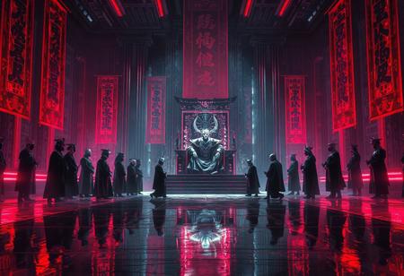 Sketch of TONTON REVOLVER - ArtStation. A line of powerful envoys, augmented nobles, and masked corporate lords kneel in silence before the towering Cyber Shogun seated on his glowing throne.
The throne room pulses with deep red and cold white neon, casting long shadows over the polished obsidian floor.
AI-controlled banners ripple with animated imperial glyphs.
The Shogun, emotionless and supreme, watches from above — flanked by twin sentry drones and armored retainers.
The atmosphere is ceremonial, terrifying, elegant: cyberpunk feudalism meets hypermodern statecraft.
Ultra-detailed, cinematic lighting, high-tech royalty, cyberpunk Japan, intense contrast, sharp reflections, futuristic luxury, 8K realism.