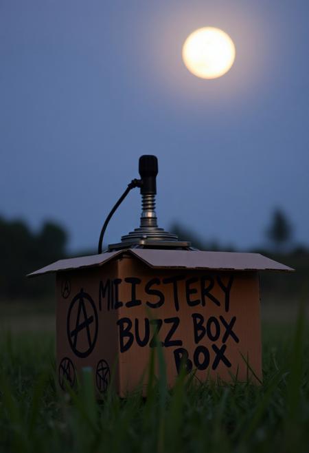 buzz machine, a cardboard box, little ruined, with anarchy symbols on sides, having written "MISTERY BUZZ BOX", full moon in background illuminate the scene, few long blades of acid green grass