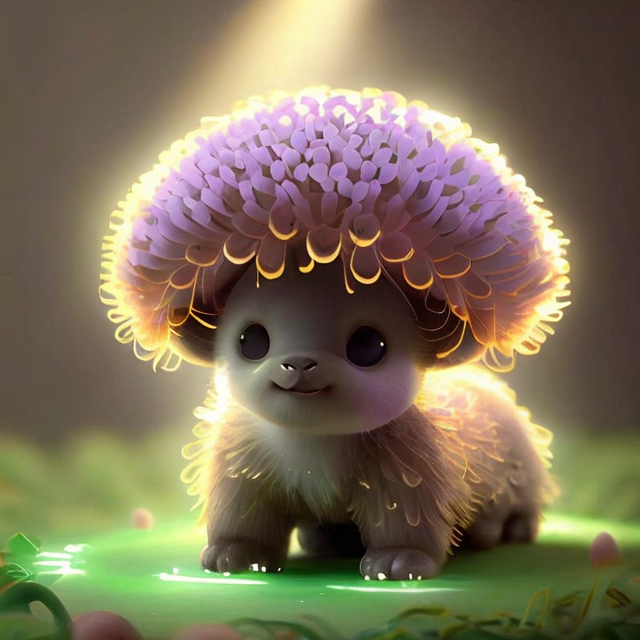 Grassy field, (sky:1.3),many flowers, glowing mushrooms, a stream, sun, lots of fruits, cute colorful animal protagonist, ...
