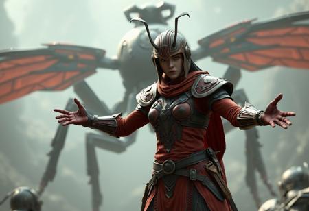 A cinematic octane render of a Rookie Warrior Lady from the video game "Dark Souls", depicted in a uniform shade of red, standing in a dynamic pose with arms outstretched as if ready for battle, centered and the sole focus against a detailed, high-resolution Battlewasp - Nest background. The character wears a helmet with a visor , detailed armor including a chest plate and shoulder pads, and gauntlets. The image is 4K, Exceptional Quality, with More Detail, Lifelike Details, Super Detailed Face and Eyes and Clothes. Handcrafted with Precision, High Quality, Stunning Colors, Impeccable Composition, Creative Angle, Attractive Background, Balanced Editing, Intentional Focus, Well-timed Moment. Captured with Captivating Lighting, rendered in Unreal Engine 5, with a Grammer Effect Style. Trending on ArtstationHQ., very detailed.