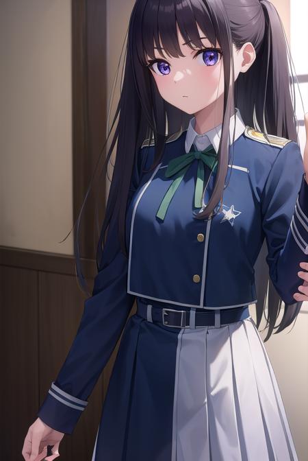 takinainoue, <lora:takinainoue-lora-nochekaiser:1>, 
inoue takina, long hair, bangs, black hair, (purple eyes:1.2),
BREAK shirt, long sleeves, dress, ribbon, school uniform, white shirt, collared shirt, belt, neck ribbon, blue dress, green ribbon, pleated dress, grey dress, two-tone dress, blue belt, lycoris uniform,
BREAK indoors, restaurant,
BREAK looking at viewer, (cowboy shot:1.5),
BREAK <lyco:GoodHands-beta2:1>, (masterpiece:1.2), best quality, high resolution, unity 8k wallpaper, (illustration:0.8), (beautiful detailed eyes:1.6), extremely detailed face, perfect lighting, extremely detailed CG, (perfect hands, perfect anatomy),