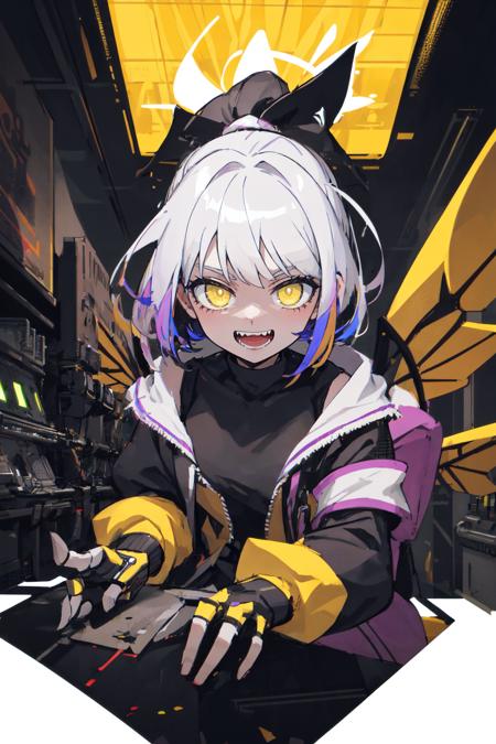 (finely detailed, distinct image, ultra resolution, extremely amazing detailed, awesome detailed), subsurface scattering, best ratio four finger and one thumb, masterpiece, best quility, high_quality, 1girl, solo, [yellow|purple] + yellow + purple hair, [yellow|purple] eyes, short hair, red pupils, duotone hair, Sharp Teeth, smile, cyberpunk, poster, high contrast, blacklight, white_robe, mechanical wings, mechanical_parts, upper_body, close-up, Exaggerated colors, yellow, purple, yellow jacket,