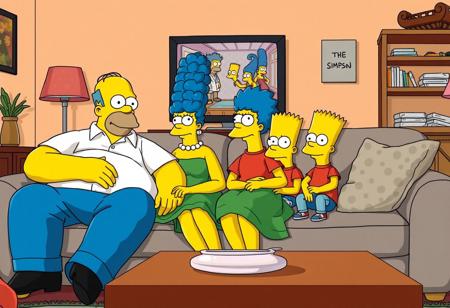 Create a realistic photo of a family sitting together in a cozy living room. The scene should feature a middle-aged man with a round body, dressed in a white shirt and blue pants, resembling Homer Simpson in appearance. Next to him on the sofa is a woman with blue hair styled in a beehive and wearing a green dress, reminiscent of Marge Simpson. Also on the sofa is a young boy with spiky hair and a red t-shirt, similar to Bart Simpson. The background should include a TV screen showing a cartoon, and the room should have a warm, inviting atmosphere with typical living room furniture and decorations