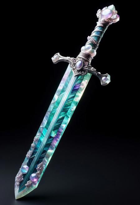 best quality, masterpiece, high resolution, intricate detailed,
beautiful photo of a Pearlum fantasy (sword:1.1) made of fluorite mineral, flu0rite, iridescent, translucent. 
rays of light, natural light, simple black background