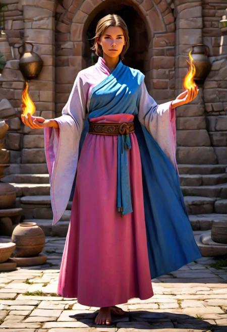 (photo:1.75) (D&D character) tan (Age 21) (monk/fire sorceress:1.23) (shorter hair, light brunette:1.23) (5'8) (130lbs) (28B-23-31 figure:1.24) makeup (blue eyes) (sliver/pink attire:1.2) athletic (medium breasts) in monastery full body real life like HDR