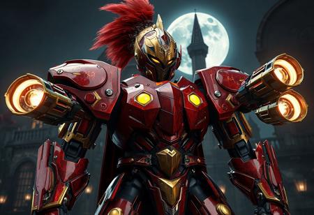 "8K UE5/Octane render of 'Mekk-Knight Yellow Star'—a crimson/gold battle-ready robot with dual arm cannons (large right/small left) and regal gold helmet with red plume. Poised before the gothic 'Mansion of Dreadful Dolls', its nanite-textured armor gleams under volumetric moonlight. Hyper-detailed Houdini FX (energy charging in cannons), ray-traced reflections on gold accents, and Grammer Effect color grading. Tags: #Mecha #DarkFantasy #ConceptArt."