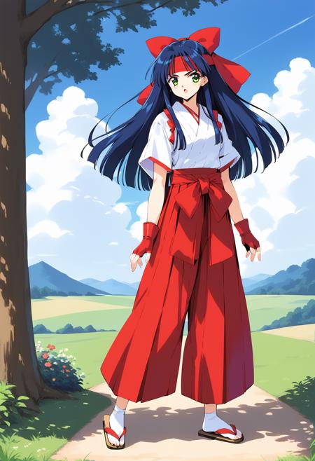 owada_nana, brown eyes, blue hair, long hair, hair bow, headband, red bow, red hakama, red gloves, fingerless gloves,