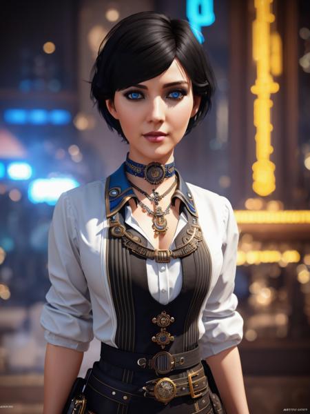 <lora:elizabethbioshock:0.7>,woman,black hair,(blue eyes:0.8),white blouse,short hair, steampunk fantasy,4k, steampunk, neon, detailed face, beautiful, artstation, trending on artstation, intricate details, alluring, masterpiece