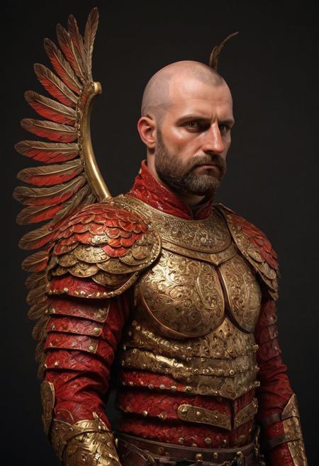 dual winged hussars, ornate red stylized wings on back of man, 2 large hussar wings behind back, undercuthaircut, Photorealistic oil painting of (Handsome:1.1) (Polish) (Irish) (Slavic) (bright sapphire eyes) (half-dragon warrior-prince:1.2) with (intricate metallic red brass scales seamlessly melded into arm and neck:0.9), 28-year-old, (darkblonde undercut hair:1.1), (medieval fantasy clothing:1.2), grimdark fantasy, (medieval) fantasy, high fantasy, epic fantasy, (upper body:1.3) (medium shot:1.3) taken with (fujifilm xt3:1.1), film grain, dark style, raking light dramatic hard shadows, (dramatic lighting:0.9), material contrast, cinematic composition, intricate details, masterpiece, visually stunning, evocative, vivid deep hues, brass, red runes, (body transformation:1.2), <dhevv:ds-style:rsd1.5>, realistic eyes, scaleborn, scales, undercut, royal, red armor, symmetrical armor, large nose, wide nose, wide nosebridge, tallnose, dour expression, full beard, strongman, raised eyebrow, flaccidmohawk