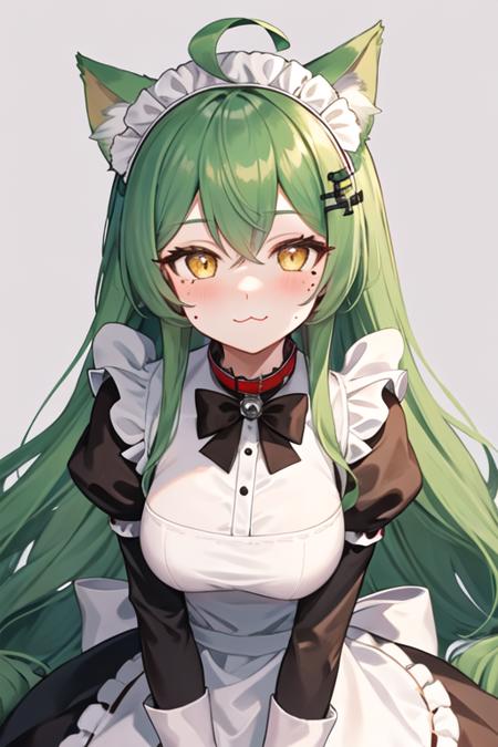 best quality, masterpiece, highres, solo, {maid:1.40}, {long maid dress:1.15}, {akashi_azurlane:1.15}, animal_ears, cat_ears, green_hair, long_hair, ahoge, hair_between_eyes, yellow_eyes, blush, bell, bow, hair_ornament, bangs, very_long_hair, :3, mole, smile, mole_under_eye