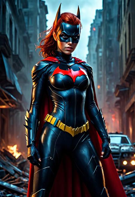 High resolution An ultra-realistic (beautiful Post-apocalyptic Batgirl: 1.5), (dressed in intricately designed a tight combat bodysuit: 1.3), realistic red cape, dirty and bloodied skin and face, red hair, realistic blue eyes, cinematic lighting, stands in the middle of a destroyed city, somber atmosphere, DC comics movie style, female athletic figure, beautiful Sadie Sink as Post-apocalyptic Batgirl, 8k, attractive Slim woman, sweaty, weak rain, asymmetrical balance, hyperrealistic, hyperdetailed, cinematic style, athletic figure, full body, vigorous fighting stance, cinematic visual, normal height, dirty skin, dramatic lighting, Greg Rutkowski style, beautiful firm Breasts, sharp focus, digital painting, Photograph Taken on Nikon D750, Alphonse Mucha, Attractive girl, asymmetric balance, best quality, highres, masterpiece