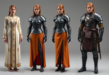 The image represents three variants of women's clothing, presumably uniforms or costumes for a fantasy film.
On the left: A formal uniform - a long cream-colored dress with gold embroidery and decorative elements.
In the center: An elite uniform - a combination of armor (cuirass, bracers) with an orange skirt that opens one leg.
On the right: The armor of an Elite warrior is a combination of a vest, shirt, trousers and high boots, complemented by belts, a bag and gloves.
All three clothing options are shown on the same female figure with the same hairstyle. There is no interaction between objects, no actions take place. Context is the presentation of various costume options, perhaps for a , movie. Photography studio style
