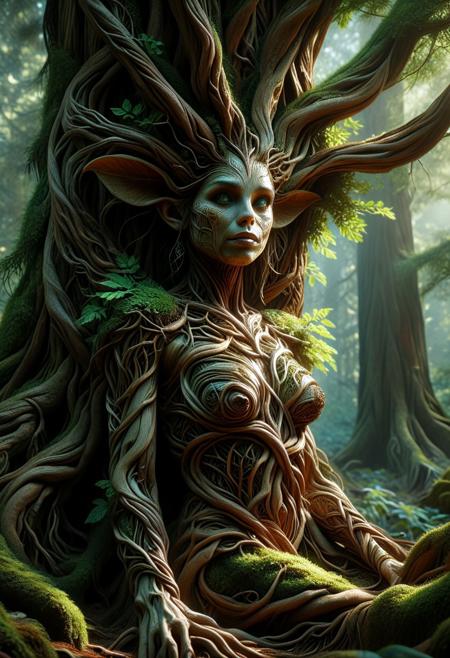 create an image with this prompt.   Create a hyper-realistic scene of a stunningly beautiful female dryad living in a redwood tree,  in 8K resolution with intricate, lifelike textures and fine details. The composition is rendered with photorealistic quality, using advanced lighting, shadows, and reflections to emphasize realism. Every element, from the subject to the background, is crafted with meticulous attention to detail, capturing natural depth, accurate proportions, and true-to-life materials. The atmosphere is immersive and visually arresting, highlighting realistic textures, subtle nuances, and dynamic elements like natural light or motion. The overall effect should feel stunningly lifelike, evoking realism in every aspect.Unreal Engine, photorealistic, hyperrealistic, and visually arresting. Rendered in 8K, hyperrealistic, with fine intricate details.