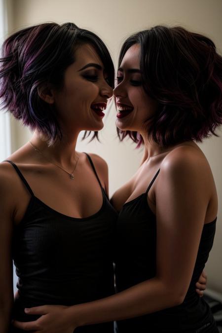 2girls, 35 year old milfs, colored hair, layered hair,  lip gloss, black camisole, white camisole, makeup, eyeliner,rimlight, college dorm, party, silhouette, laughing,