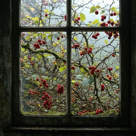 Low-angle intimate view through dust-streaked antique window: gnarled branch shadows dance across dew-kissed velvety moss and tangled crimson raspberry canes. Focus: intricate shadow-play. Cinematic natural lighting by Emmanuel Lubezki, shallow depth of field. Palette: desaturated greens, umber, deep crimson, illuminated by soft silver overcast light. Key textures: weathered wood grain, damp moss, translucent leaves. Atmosphere of serene solitude, quiet introspection. Subtle dust motes drift in faint interior light; a single ripe raspberry gleams.