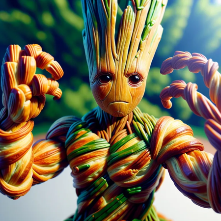 Croissant-carving,a groot tree man,  Made entirely from croissants,realistic style,cinematic feel,<lora:food_carving_sd_1_5_20231205:0.6>,