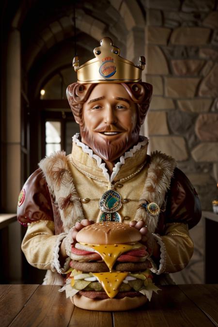 1man, solo, portrait of burgerking  mascot  sit on king throne, giant burgers on wooden table,  glass of wine, castle, golden ornament, looking at viewer, details, realistic, photography, blurry background, softfocus , bokeh <lora:ARWBurgerKingMascot:1>