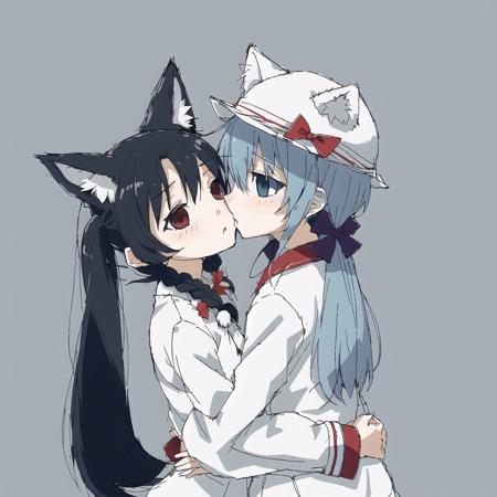 <lora:avas_jun_07-03--tsukumizu_yuu_005-095--ham_rifl_09-01:1>, 

animal ears, blue hair, from behind, hair bobbles, hair ornament, hat, kiss, multiple girls, red eyes, tail, twintails, white hair, wolf ears, wolf tail, yuri