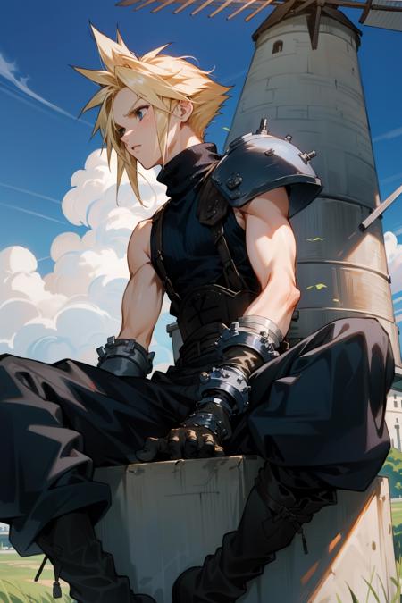 masterpiece, best quality, cloud strife, shoulder armor, sleeveless turtleneck, suspenders, belt, baggy pants, gloves, bracer, boots, sitting, windmill, sky, clouds, <lora:cloudstrife-nvwls-v1-000010:0.9>