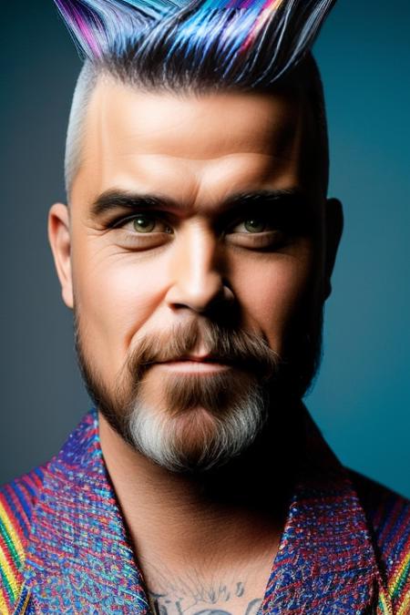 analog style, modelshoot style, portrait photo of sks man with beard, bold, bright colours, rainbow Mohawk haircut, <lyco:locon_perfecteyes_v1_from_v1_64_32:0.85> <lora:robbie:1>