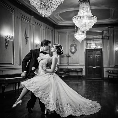 1male, 1female, Graceful couple in stunning vintage outfits, dancing elegantly with poise in a vintage-era setting, retro black and white theme, capturing timeless elegance, focus on the couple as they move gracefully together, with a collection of cherished couple photos displayed in the background, viewed from a bird's-eye perspective, adding depth and a unique angle, enhancing the nostalgic and romantic ambiance.