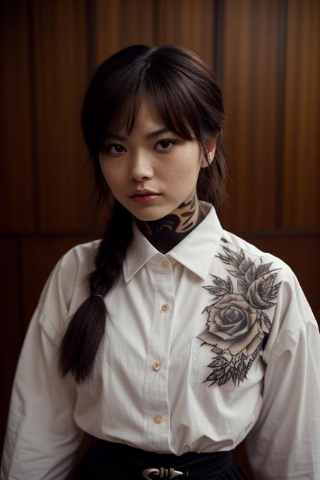 score_9, score_8_up, score_7_up, score_6_up, masterpiece, highest quality photographic image, 1girl, milf, cute, neckline_tattoo,  ntattoo, white shirt, depth of field, highly detailed, high contrast, film grain, Rim Lighting,