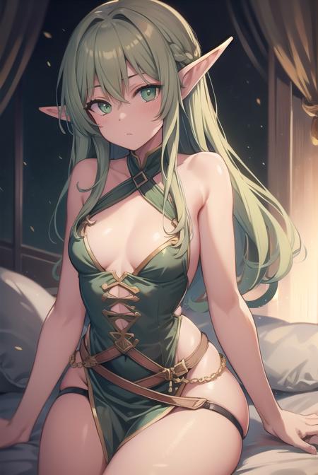 highelfarcher, <lora:highelfarchertest:1>, high elf archer, elf, (green eyes:1.5), green hair, hair between eyes, long hair, pointy ears, sidelocks, (small breast:1.2),
BREAK lingerie,
BREAK looking at viewer,
BREAK bed,
BREAK <lora:GoodHands-vanilla:1>, (masterpiece:1.2), best quality, high resolution, unity 8k wallpaper, (illustration:0.8), (beautiful detailed eyes:1.6), extremely detailed face, perfect lighting, extremely detailed CG, (perfect hands, perfect anatomy),