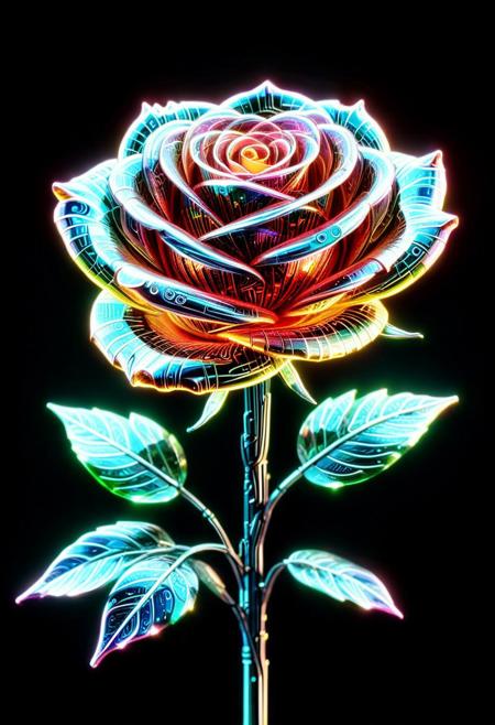 best quality, h4v_h0l0, wm_cyber, glass rose, neon, scifi, glowing, black background, depth of field, cinematic, colorful, realistic, masterpiece, intricate details,