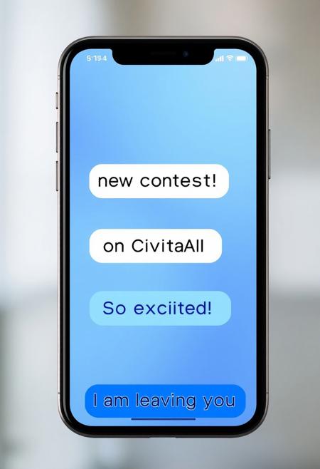 A smartphone showing text messages that read in white bubbles  "NEW CONTEST", "on CivitAI",  "So excited!". And one message in blue bubble at the bottom : "I am leaving you".