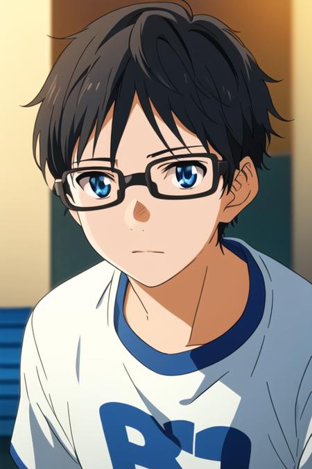 masterpiece, best quality, sketch, 1boy, solo, male focus, looking at viewer, , depth of field, <lora:kousei_arima:0.66>, kousei_arima, black hair, glasses, blue eyes, gym uniform,