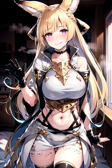 (8k, RAW photo, best quality, masterpiece:1.2, highres), (realistic, photo-realistic),
((bedroom:1.25), (night:1.25)),
gbfyuisis, 1girl, shiny blonde hair, (long hair:1.05), braid, (half up half down:1.15), blunt bangs, (blonde fox ears:1.05), (erune:1.15), (purple eyes:1.10),
(black ribbon:1.25), (big black hair ribbon with gold rim:1.25), black choker, (white very short dress:1.25), (white clothes:1.10), armor, breastplate, bare shoulders, (covered navel:1.15), open back, strapless, (very short skirt:1.10), black gloves, black belts, black kneehighs, zettai ryouiki, black panties, boots,
(medium breasts:1.05), (blush:1.05), (temptation:1.10), (lewd:1.15), (many steam and many sweat:1.15), smelling, seductive smile, sad smile,
((wave hand:1.5), standing, looking at viewer, from front),
<lora:lora_yuisisv4_loha:0.75>