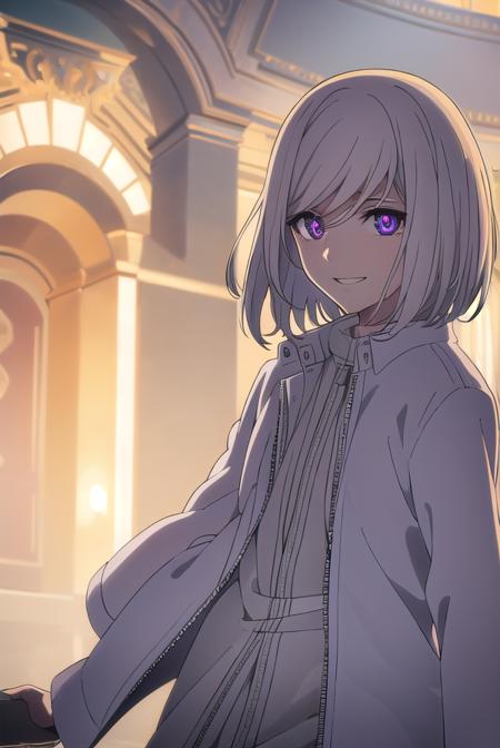 cutthroat, bangs, hair between eyes, (purple eyes:1.3), white hair, male focus, medium hair, shirt, jacket, white shirt, open clothes, white jacket,