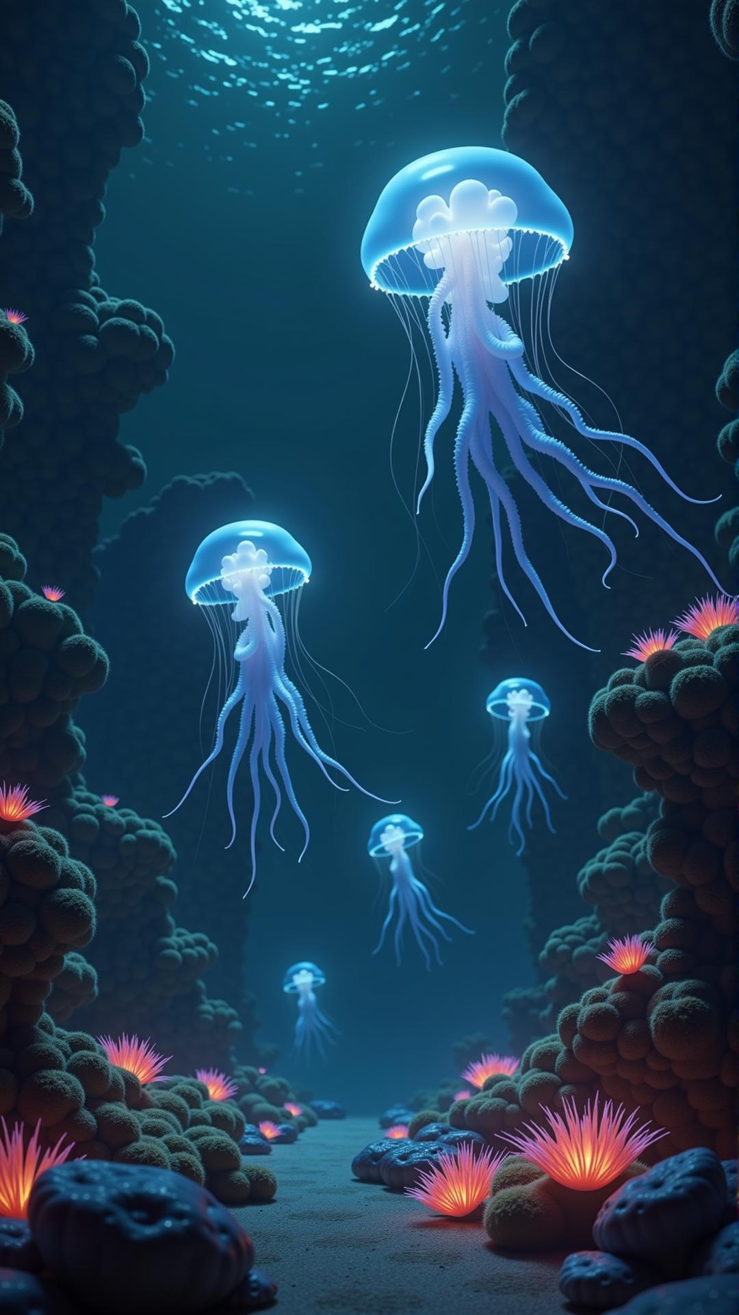 A dreamlike underwater landscape where the ocean floor is made of glowing coral, each branch pulsing softly with vibrant colors. Massive, translucent jellyfish drift lazily through the water, their long, glowing tendrils trailing behind them like beams of light. The water is crystal clear, allowing you to see for miles in every direction, where enormous, glowing sea creatures move slowly through the depths. Above, the surface of the water reflects the glowing coral below, creating an infinite mirror of light and color. In the distance, massive, glowing ruins rise from the ocean floor, their surfaces covered in glowing algae and bioluminescent plants.